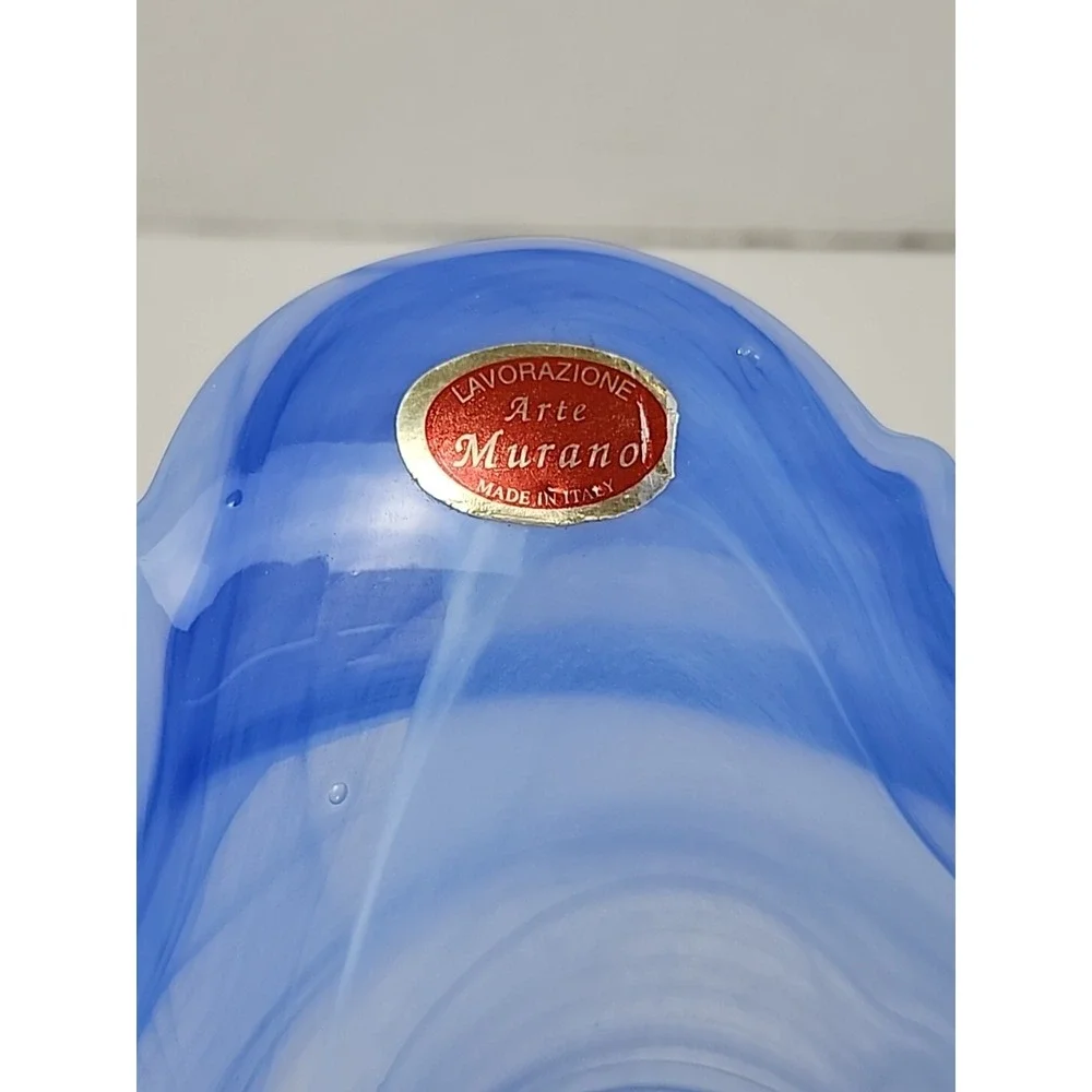 Vintage Lavorazione Murano Style Art Glass Blue Clear Swirl Ruffled Edge Vase